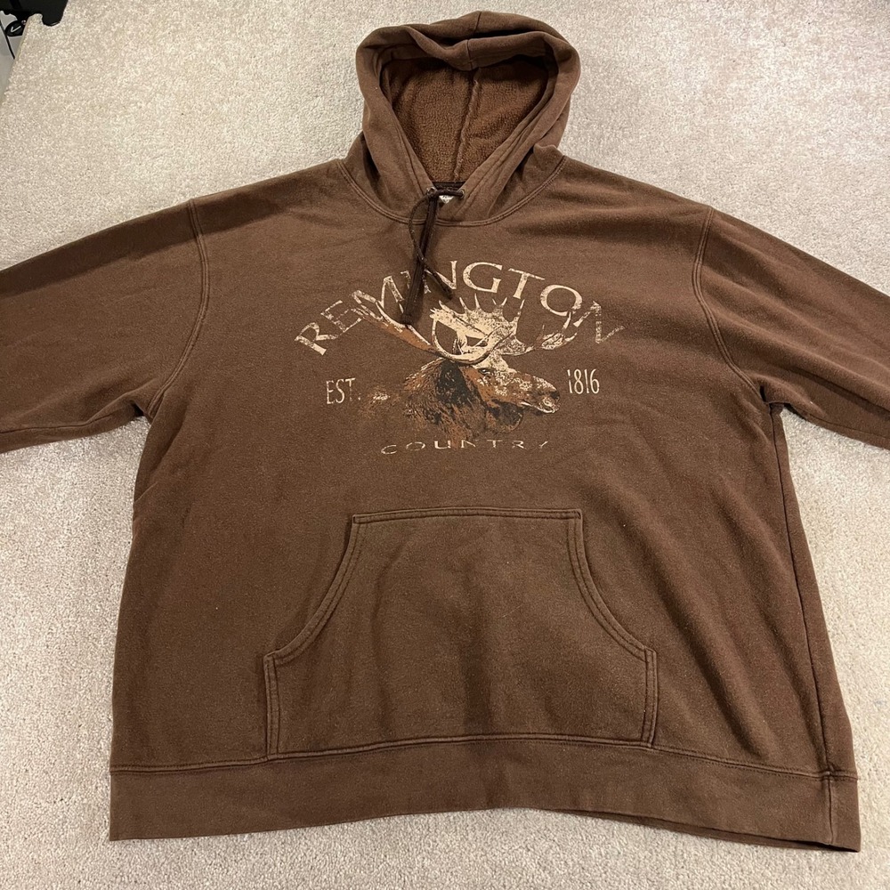 Remington Hoodie Mens XL Brown Moose Graphic‎ Country Pullover Fleece